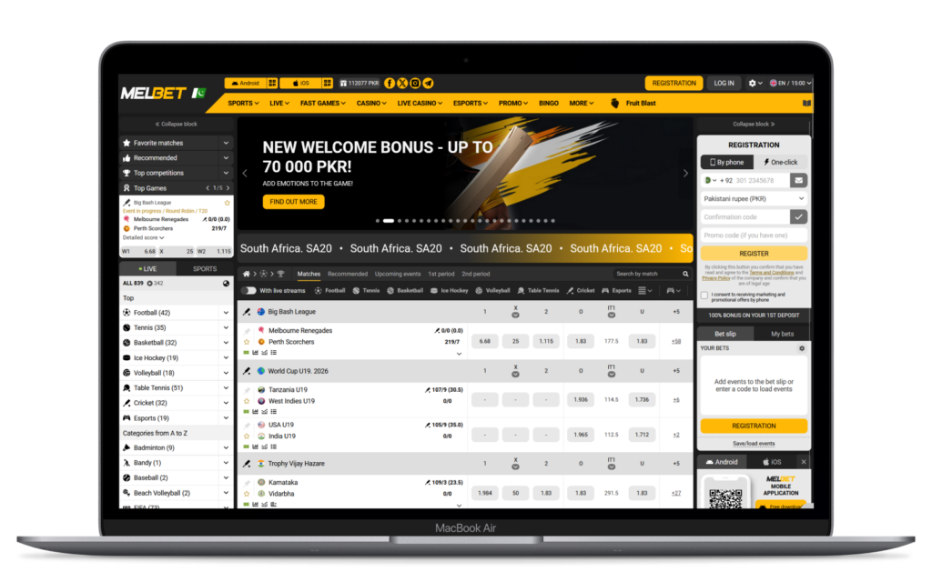 Melbet Pakistan homepage with live sports odds, betting slip, and registration panel